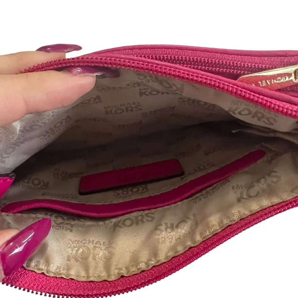 Michael Kors Jet Set Pink Leather Crossbody Bag Gold Logo Small Wallet Purse
